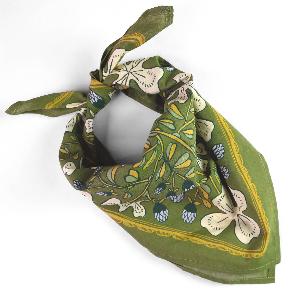 Green floral patterned bandana on a white background