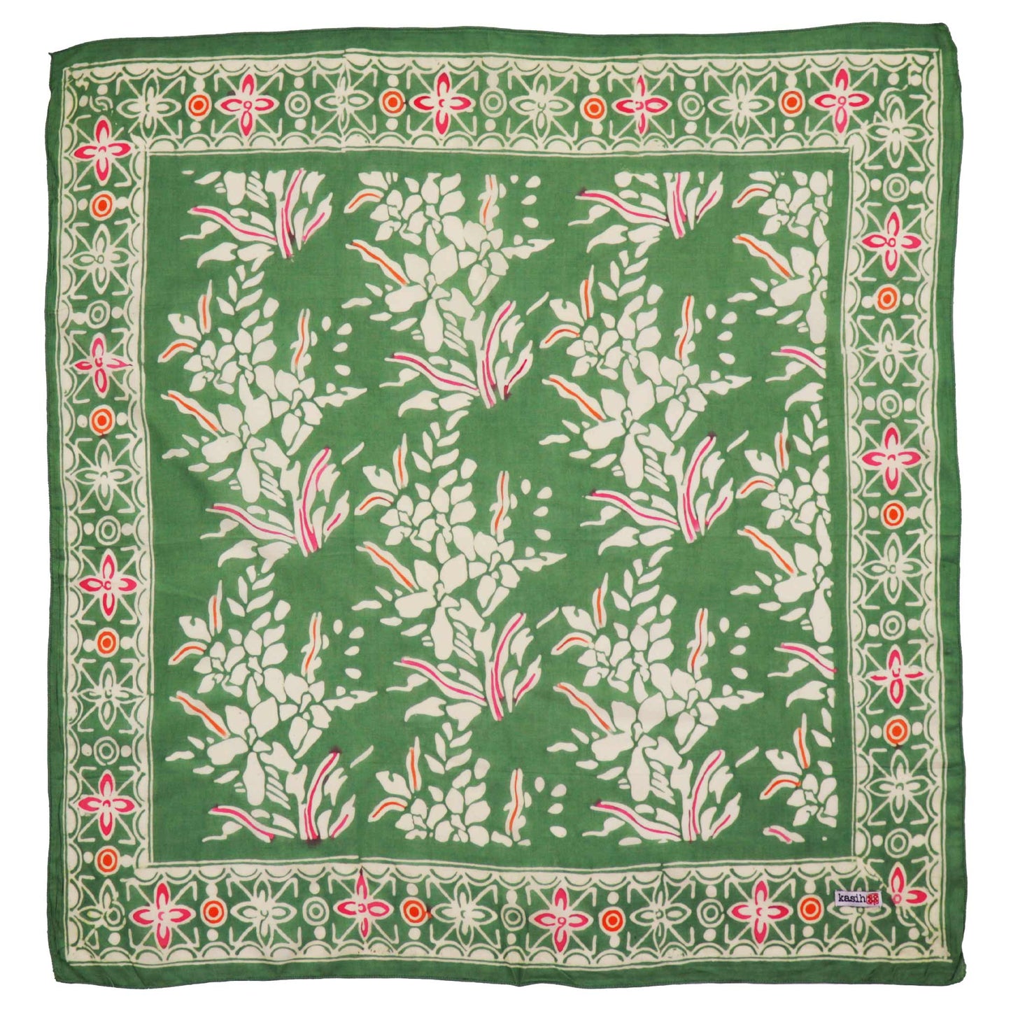 Green floral patterned batik bandana with a border on a white background