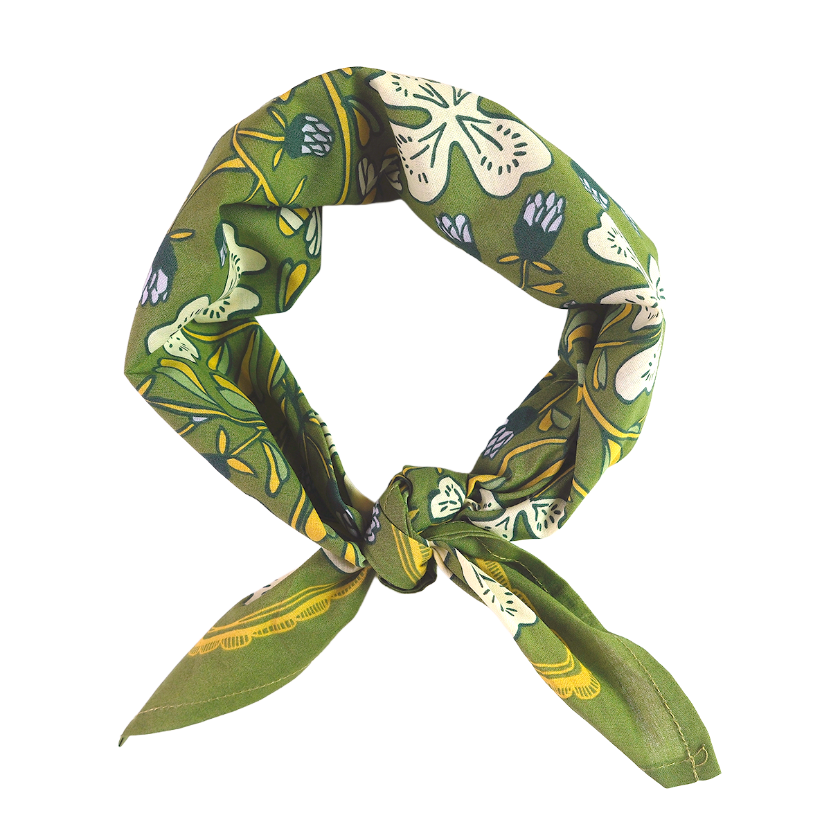 Green floral patterned headscarf on a white background
