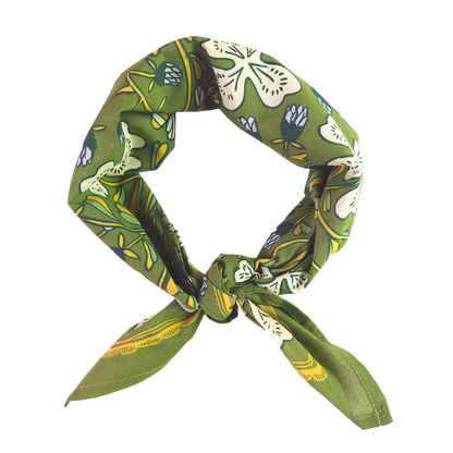 Green floral patterned headscarf on a white background