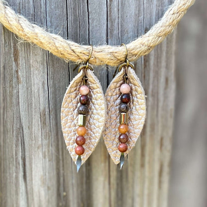 Leather Petal Earrings - Champagne Beige with Jasper