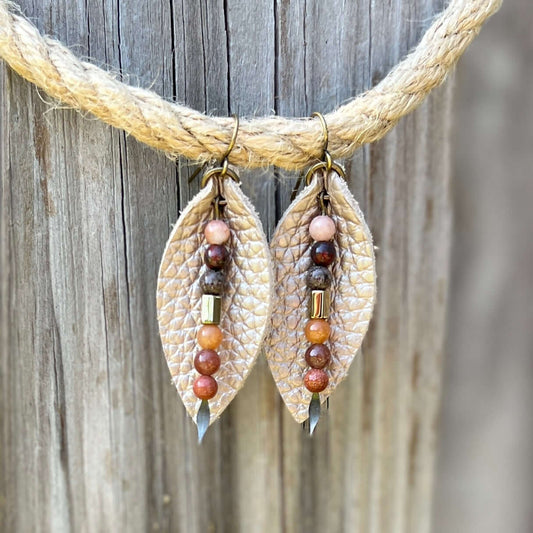 Leather Petal Earrings - Champagne Beige with Jasper