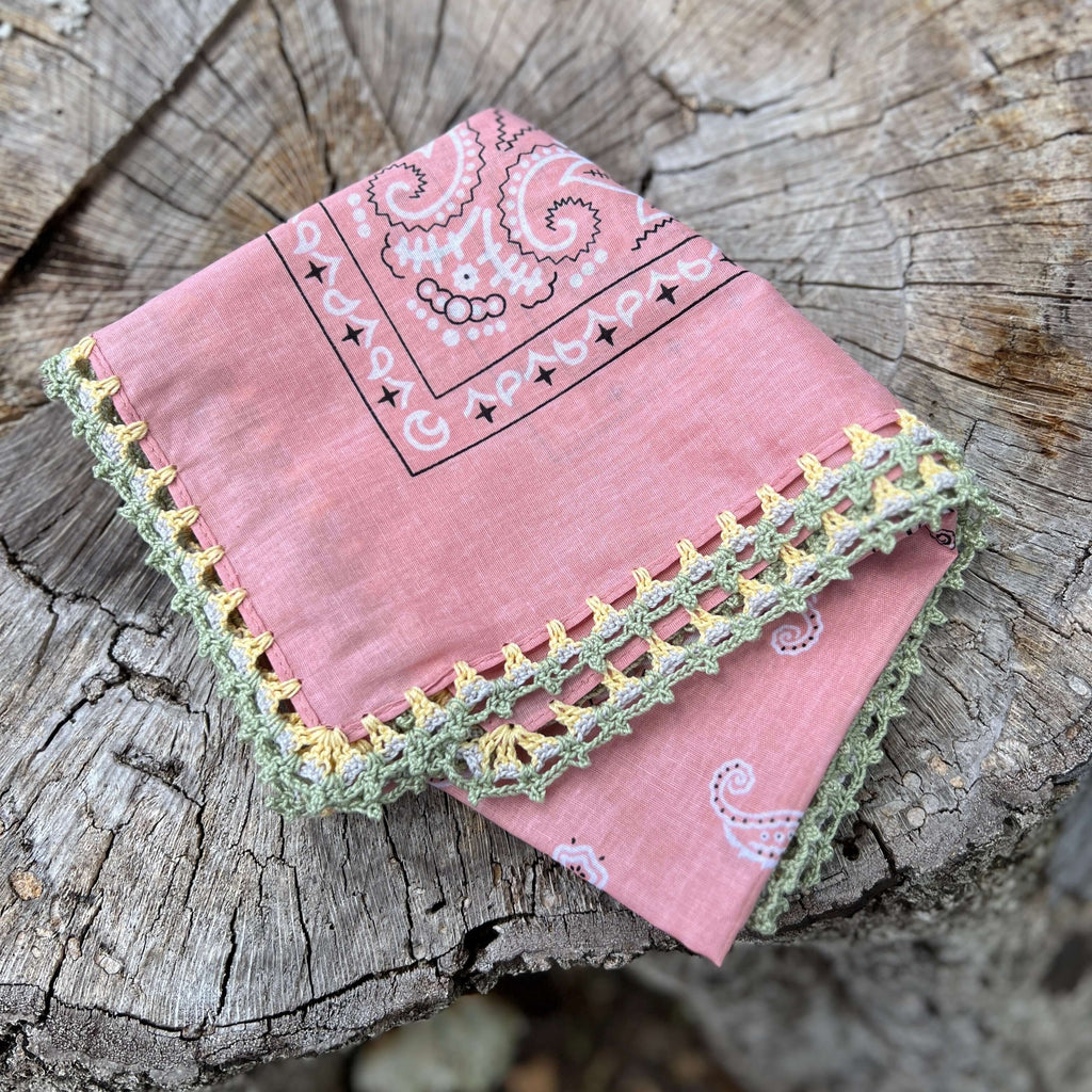 Bandana Scarf - Soft Pink with Crochet Edging