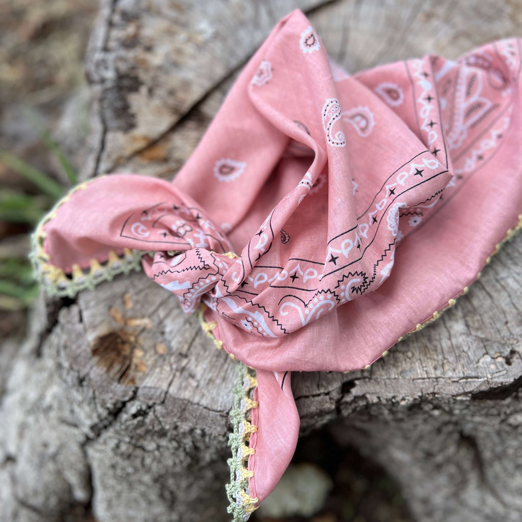 Bandana Scarf - Soft Pink with Crochet Edging