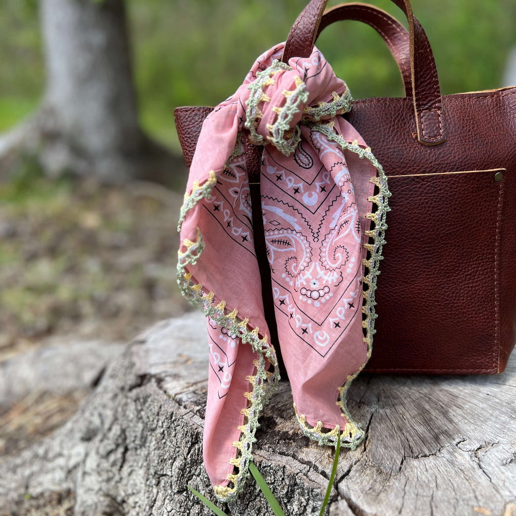 Bandana Scarf - Soft Pink with Crochet Edging