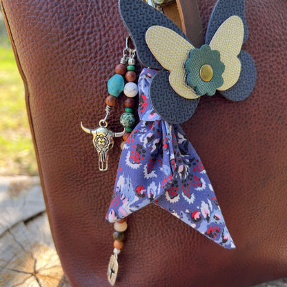 Leather Butterfly Bag Charm - Blue and Brown