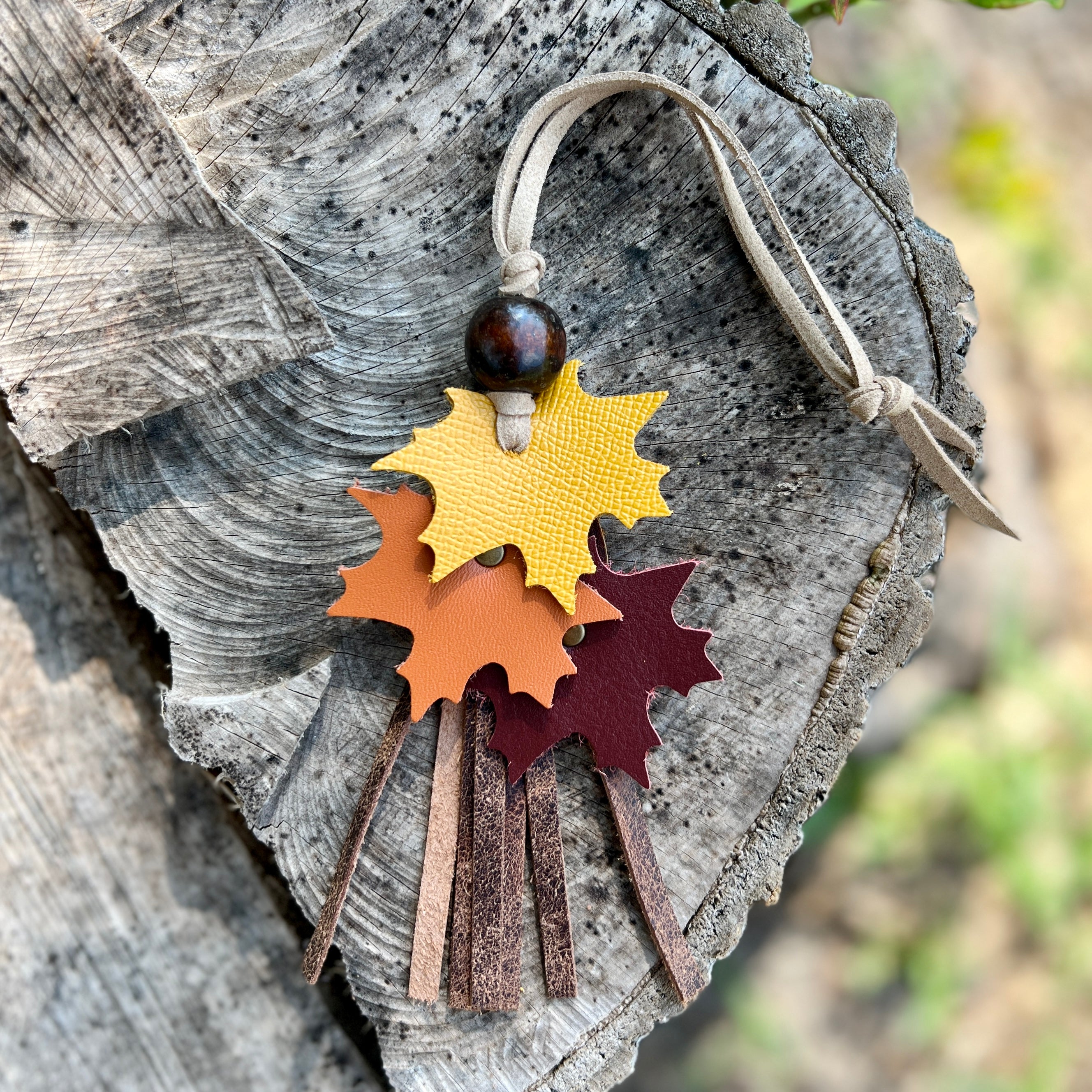 Fall Leaves Leather Feather Tassel Bag Charm