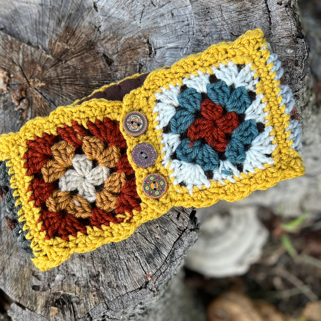 Crocheted Granny Square Ear Warmer with Fleece Lining and Boho Buttons - Multi Color with Golden Yellow