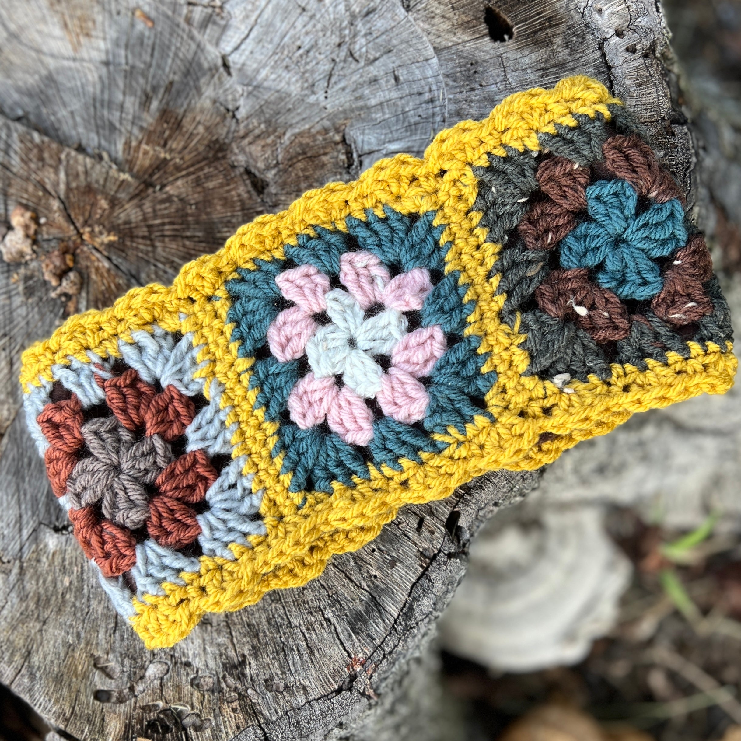 Crocheted Granny Square Ear Warmer with Fleece Lining and Boho Buttons - Multi Color with Golden Yellow