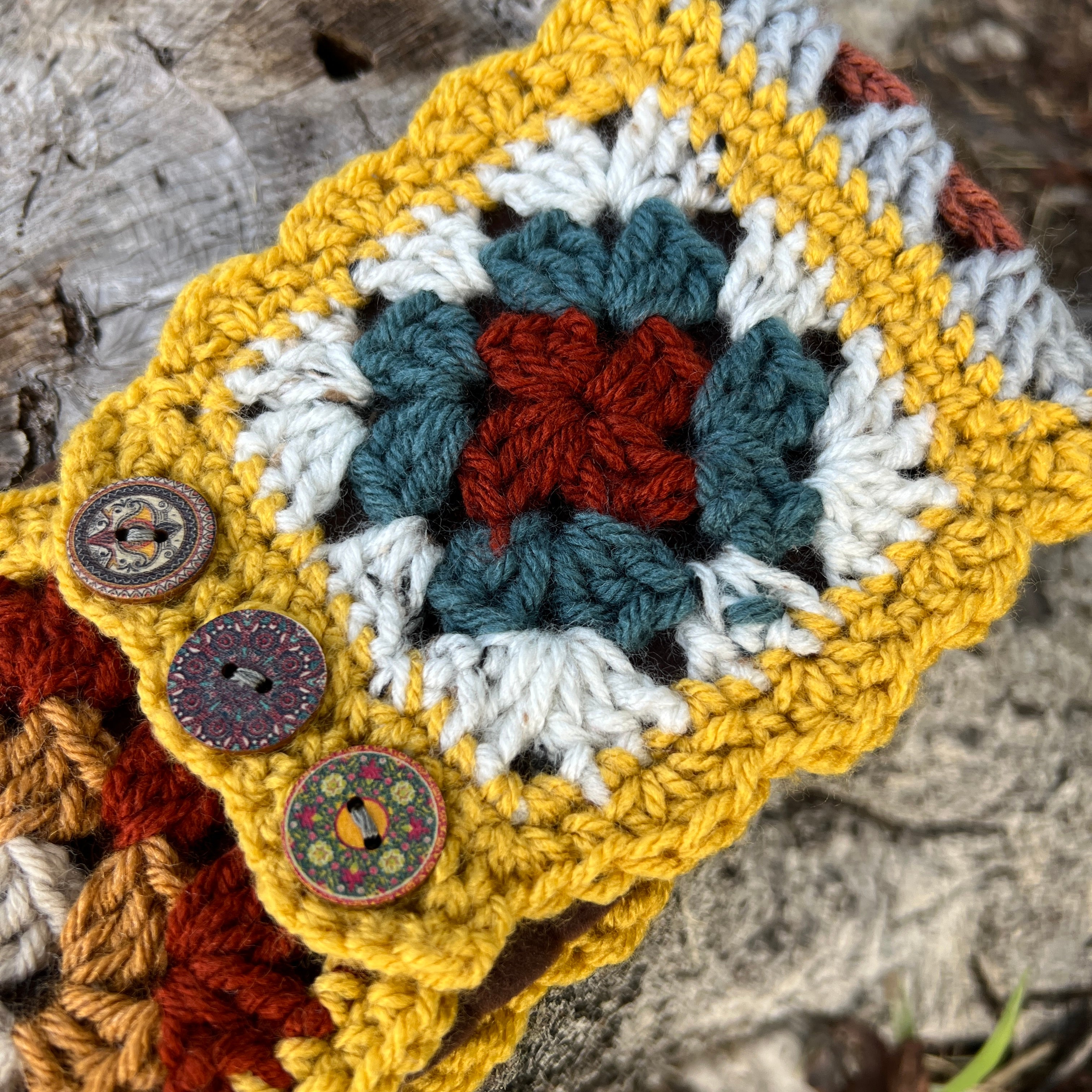 Crocheted Granny Square Ear Warmer with Fleece Lining and Boho Buttons - Multi Color with Golden Yellow