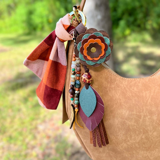 Leather Flower Purse Charm - Brown, Green, Red, and Orange