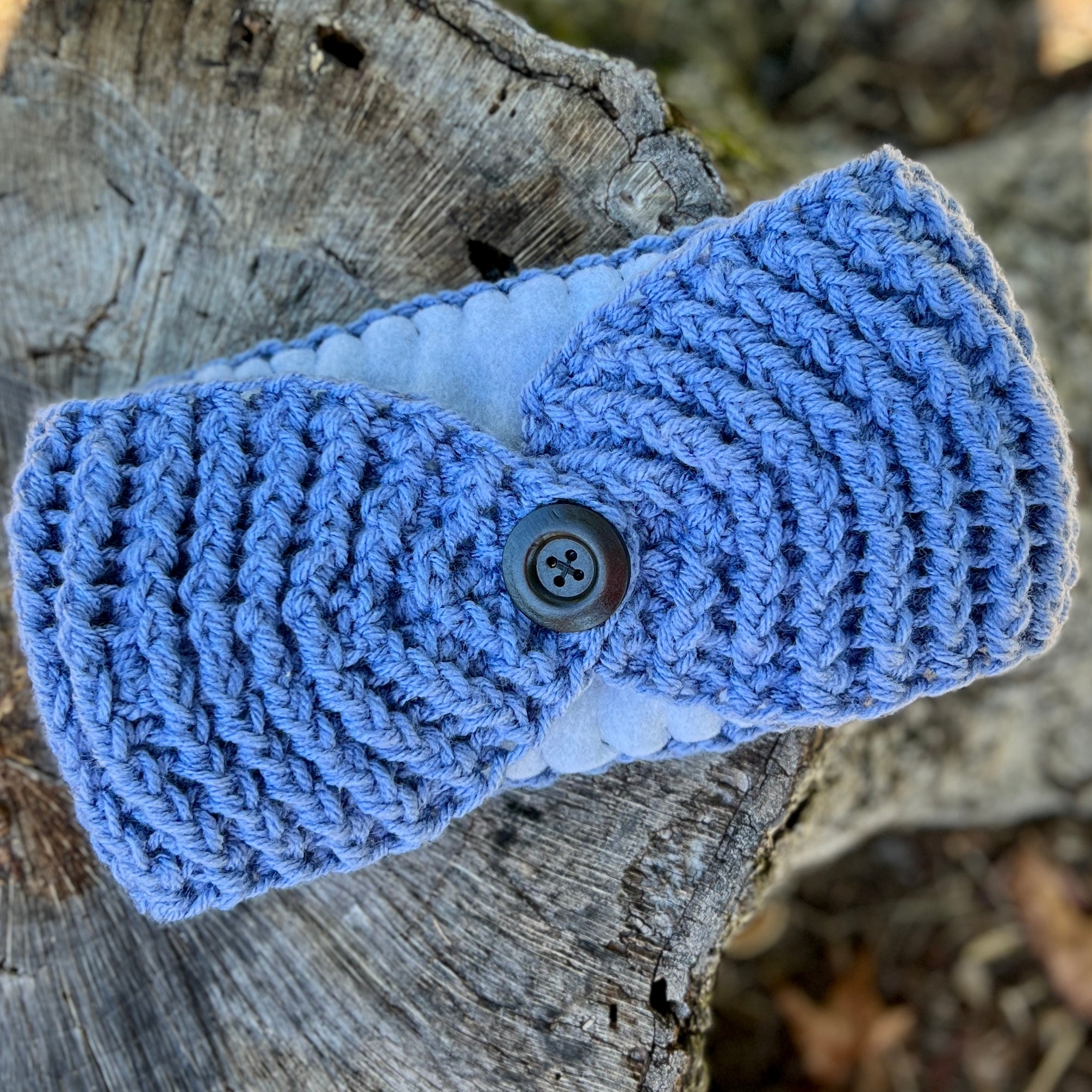 Winter Headband with Fleece Lining and Working Button - Denim Blue
