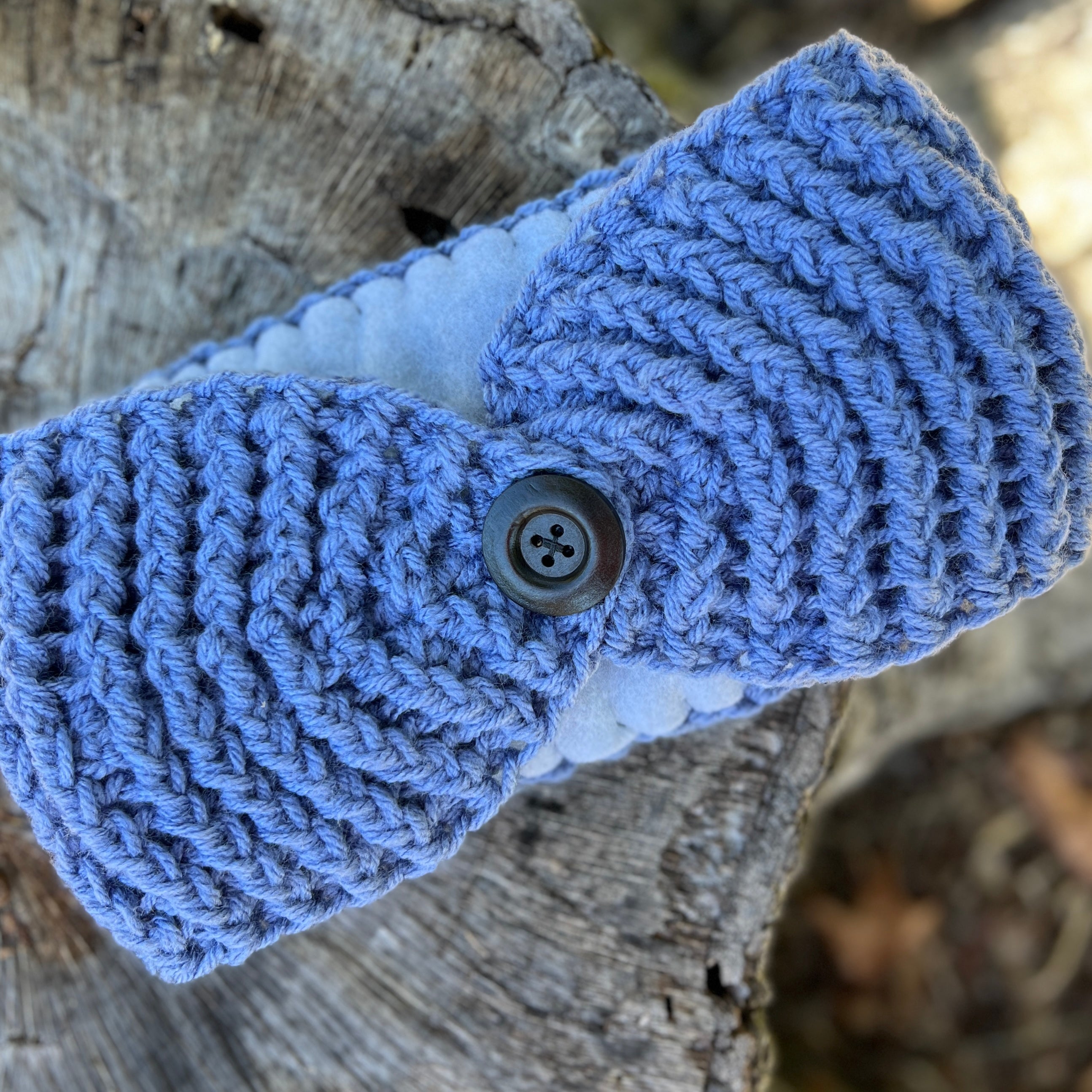 Winter Headband with Fleece Lining and Working Button - Denim Blue