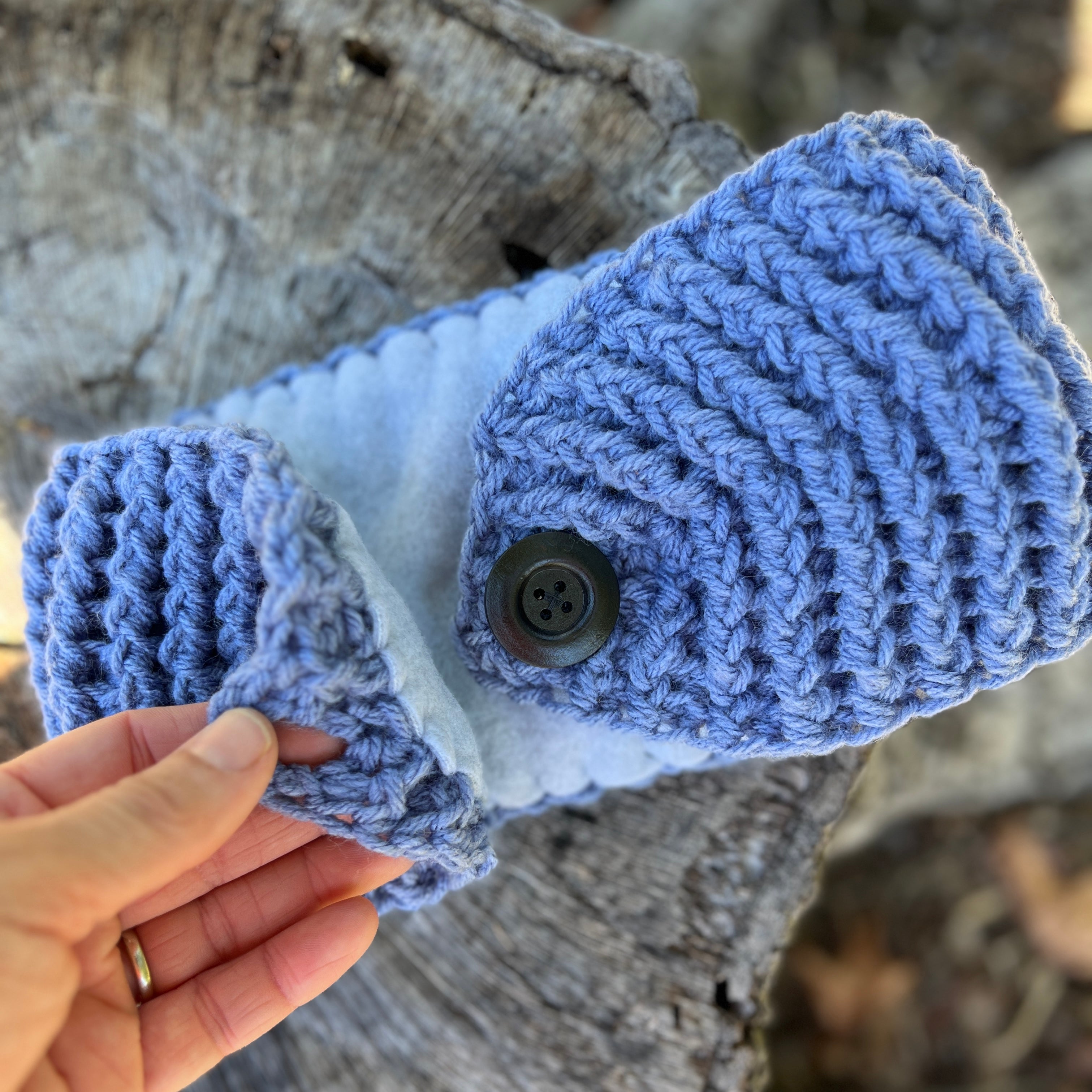 Winter Headband with Fleece Lining and Working Button - Denim Blue