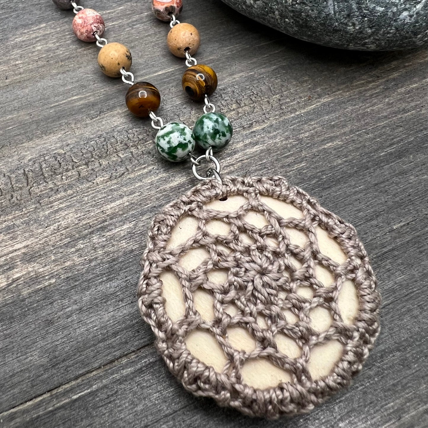 Boho Crochet Pendant Statement Necklace -  Small Mandala Pendant - Taupe