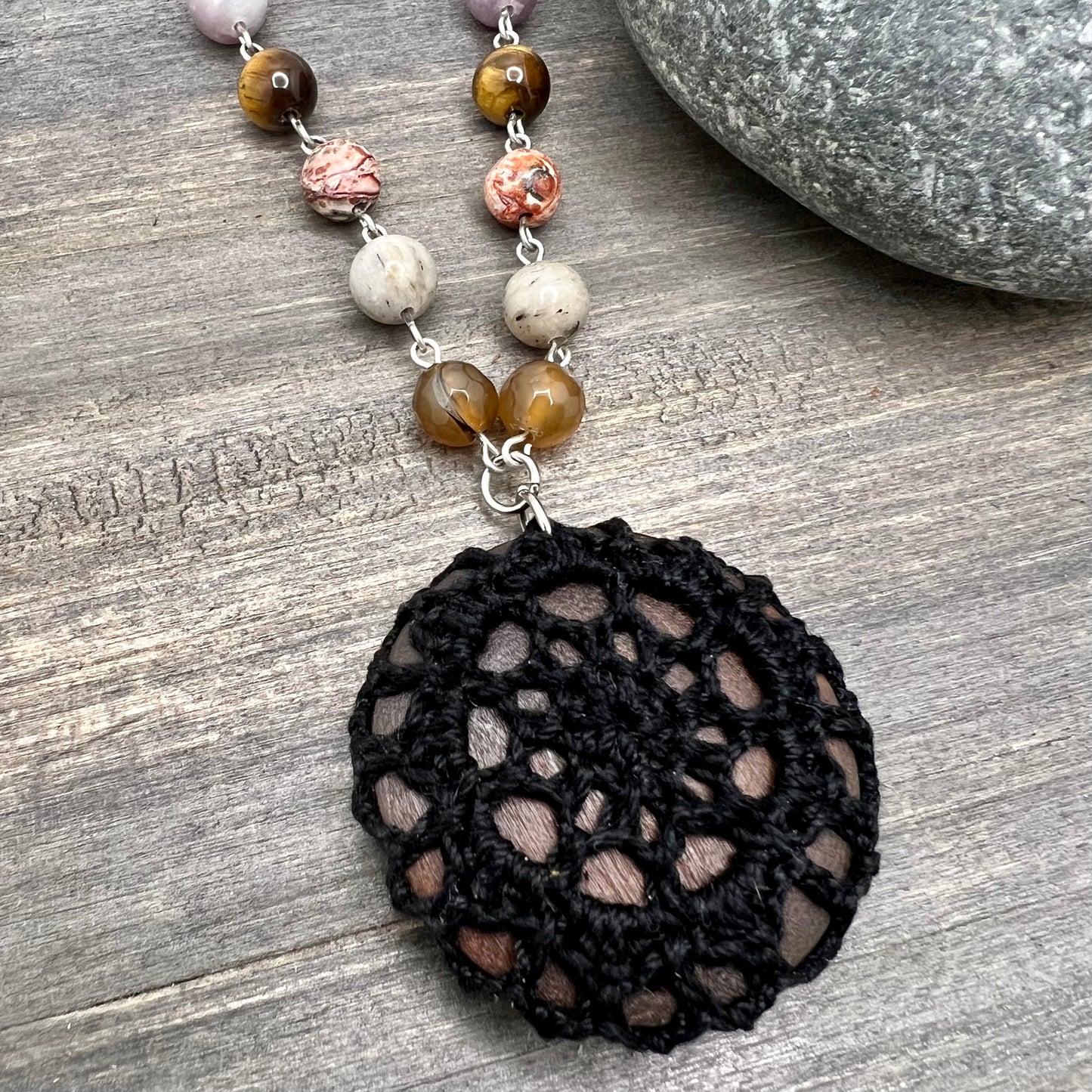 Boho Crochet Pendant Statement Necklace -  Small Mandala Pendant - Black