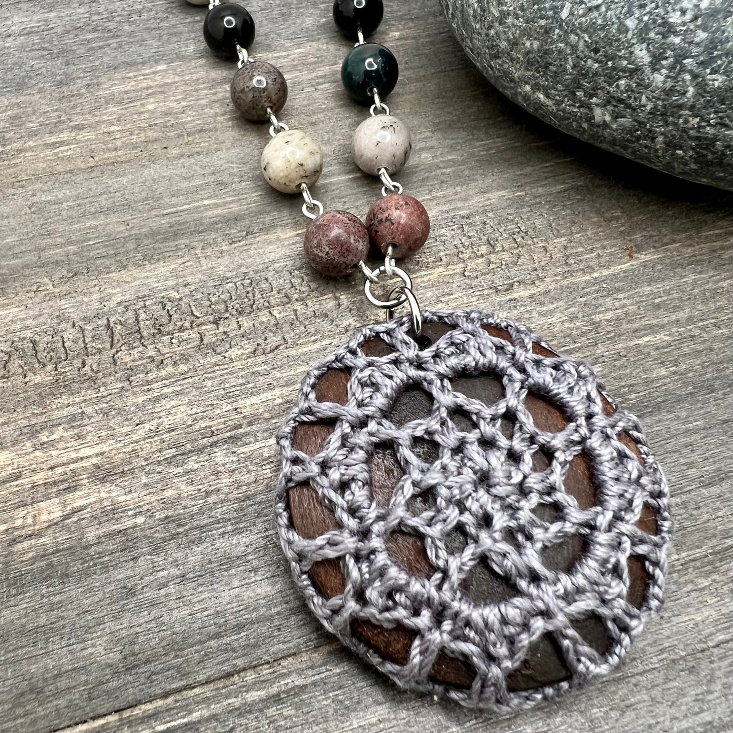 Boho Crochet Pendant Statement Necklace -  Small Mandala Pendant - Dark Gray