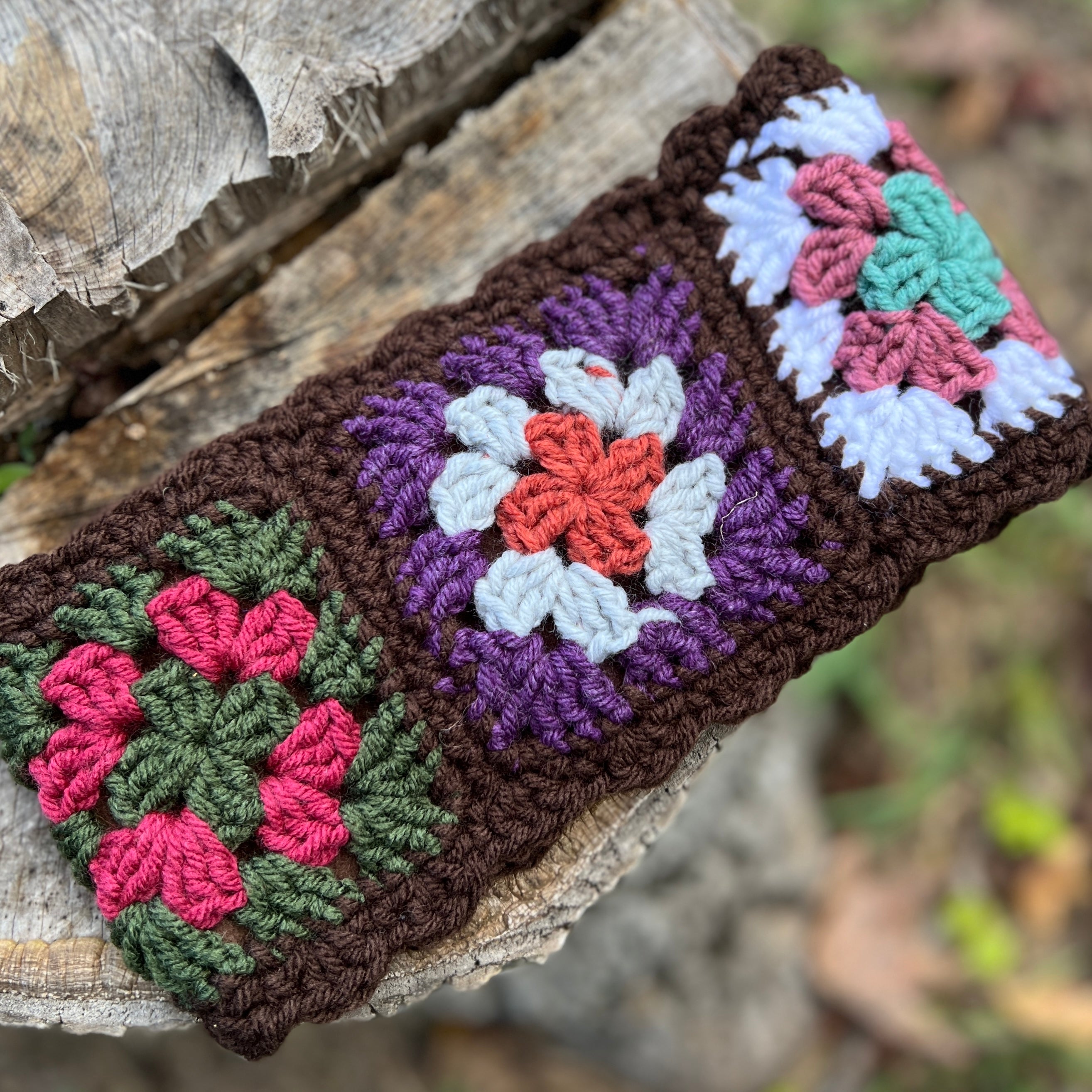 Patchwork Ear Warmer with Fleece Lining and Boho Buttons -Crocheted Granny Square Multi Color
