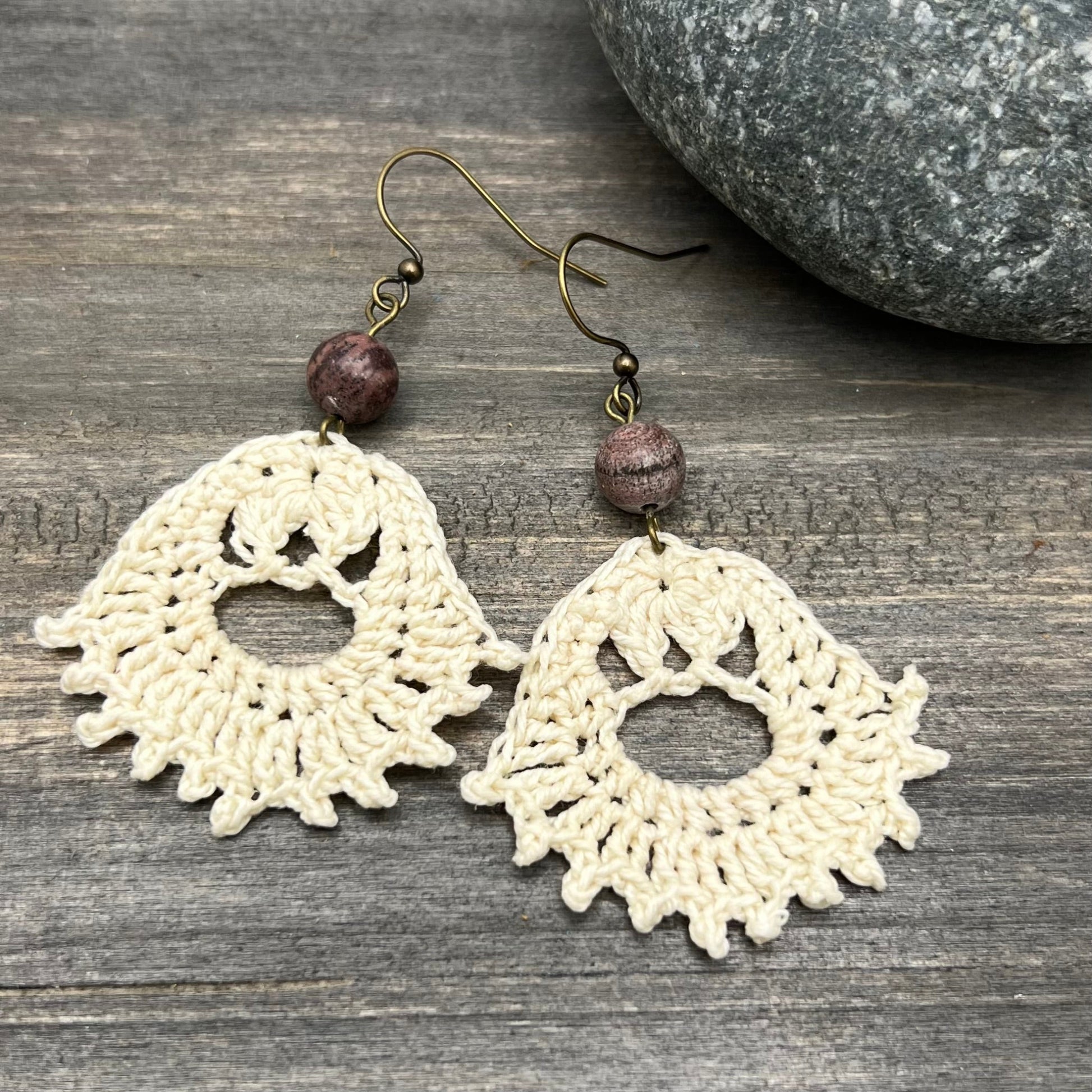 cream crocheted fan earrings with crazy horse stone