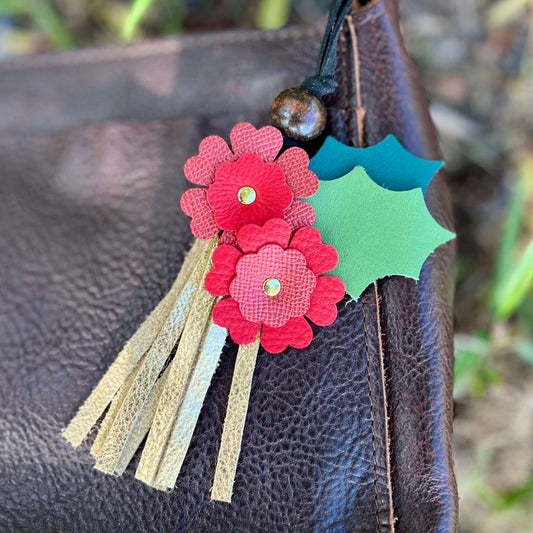 Christmas Flowers and Tassel Leather Purse Charm
