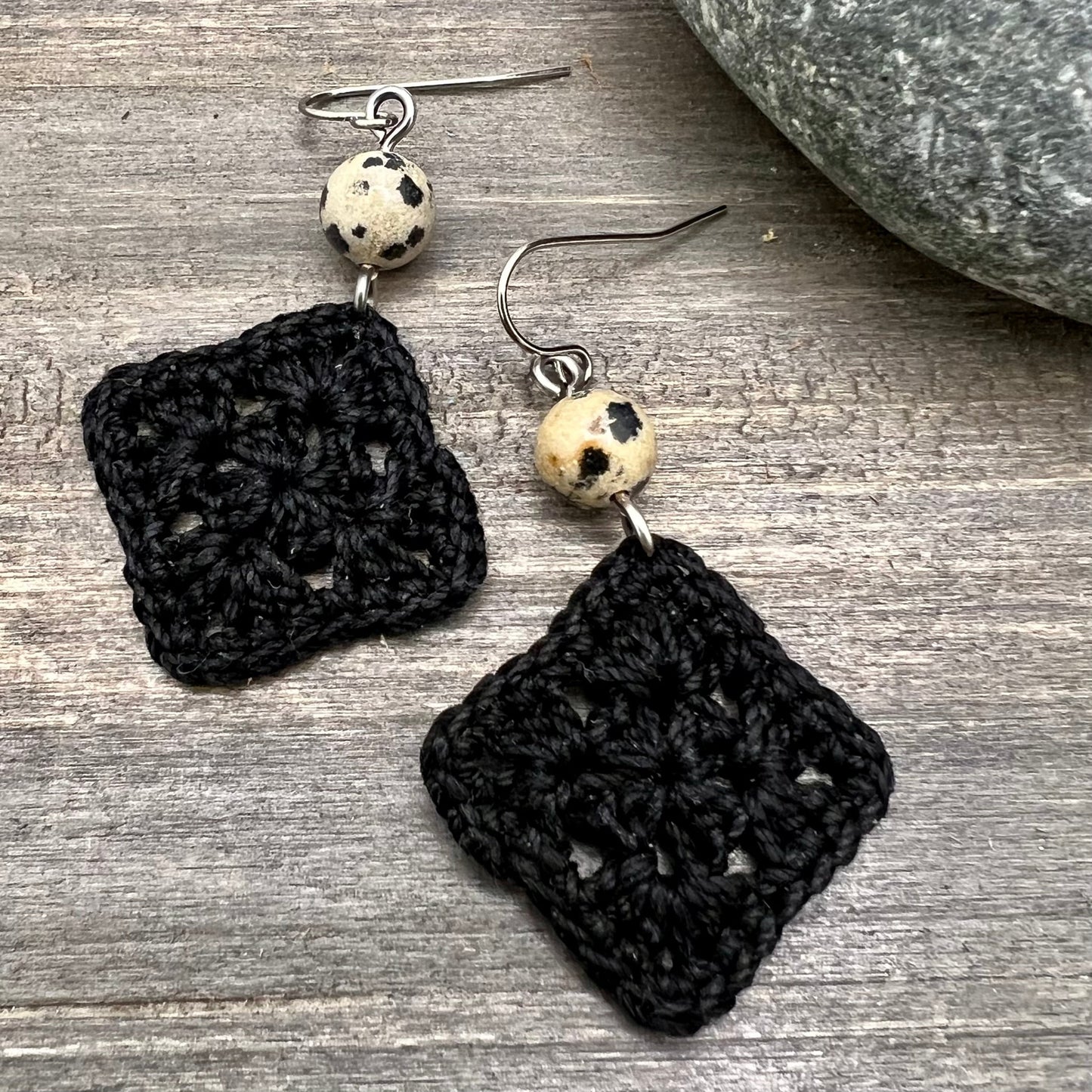 black lace square earrings with dalmatian jasper