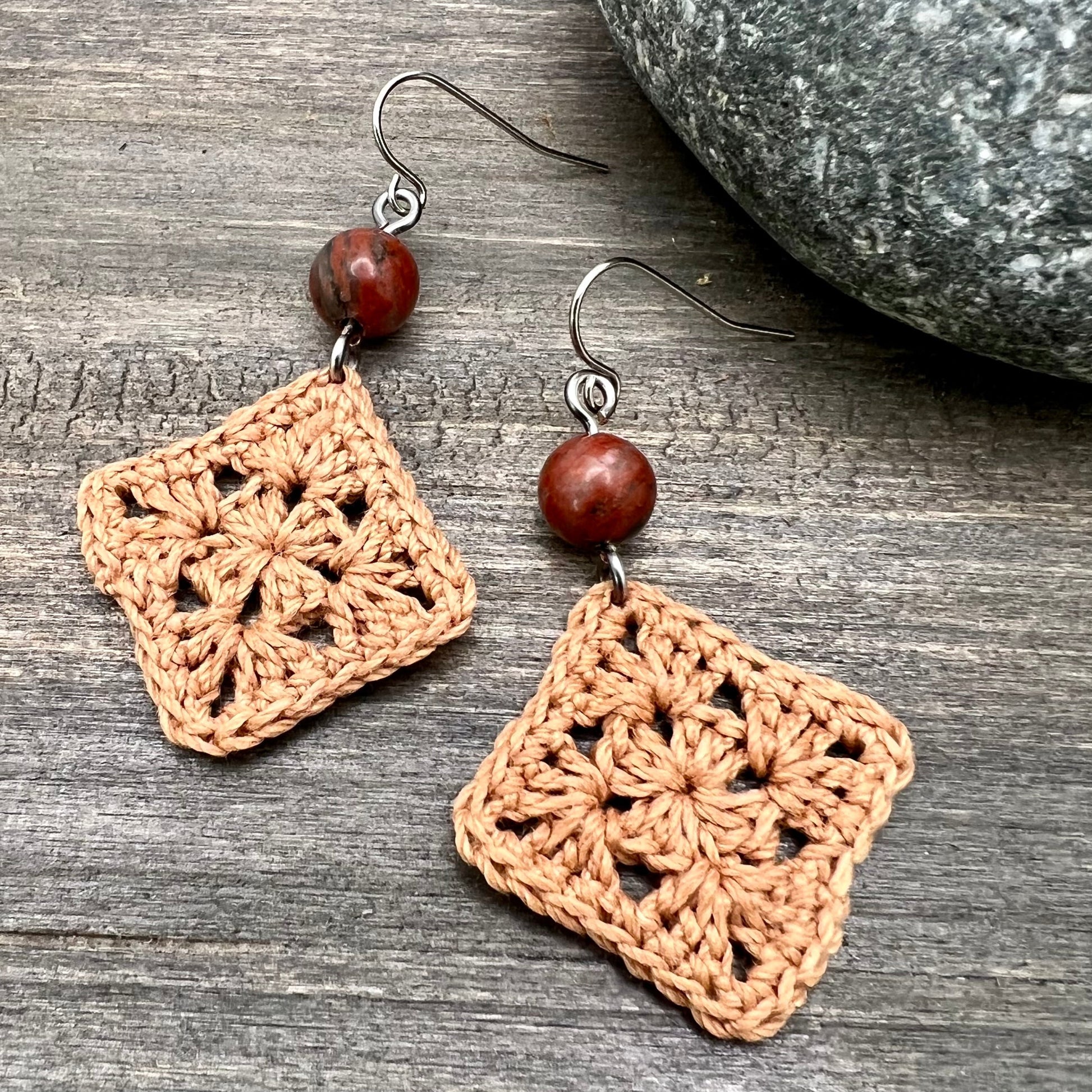 copper square crocheted earrings with red jasper