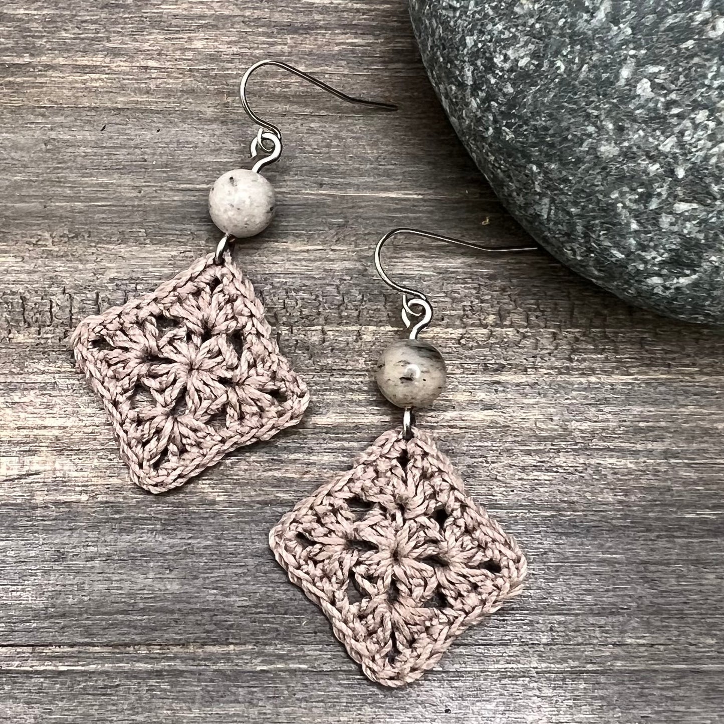 Square Lace Earrings - Taupe with Feldspar