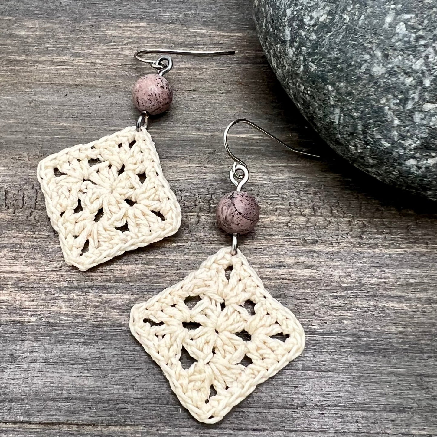 cream crocheted lace square earrings with natural stone