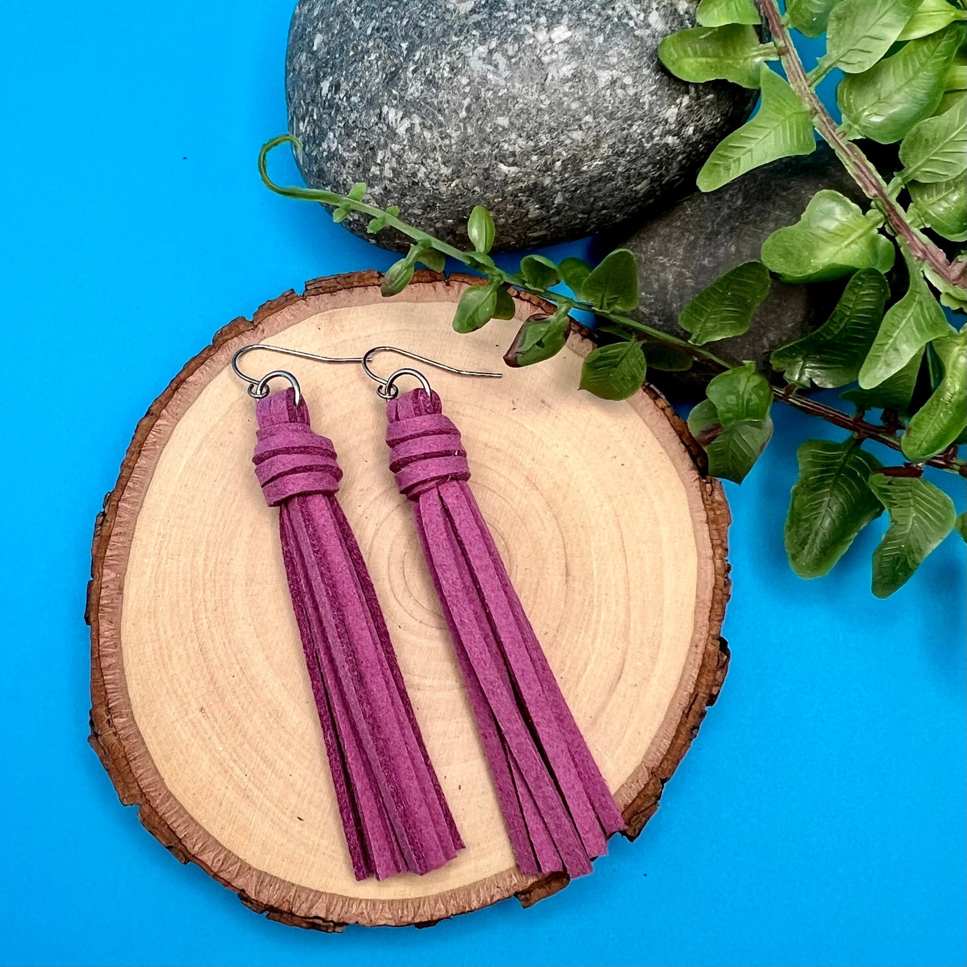 dusty violet faux suede tassel earrings