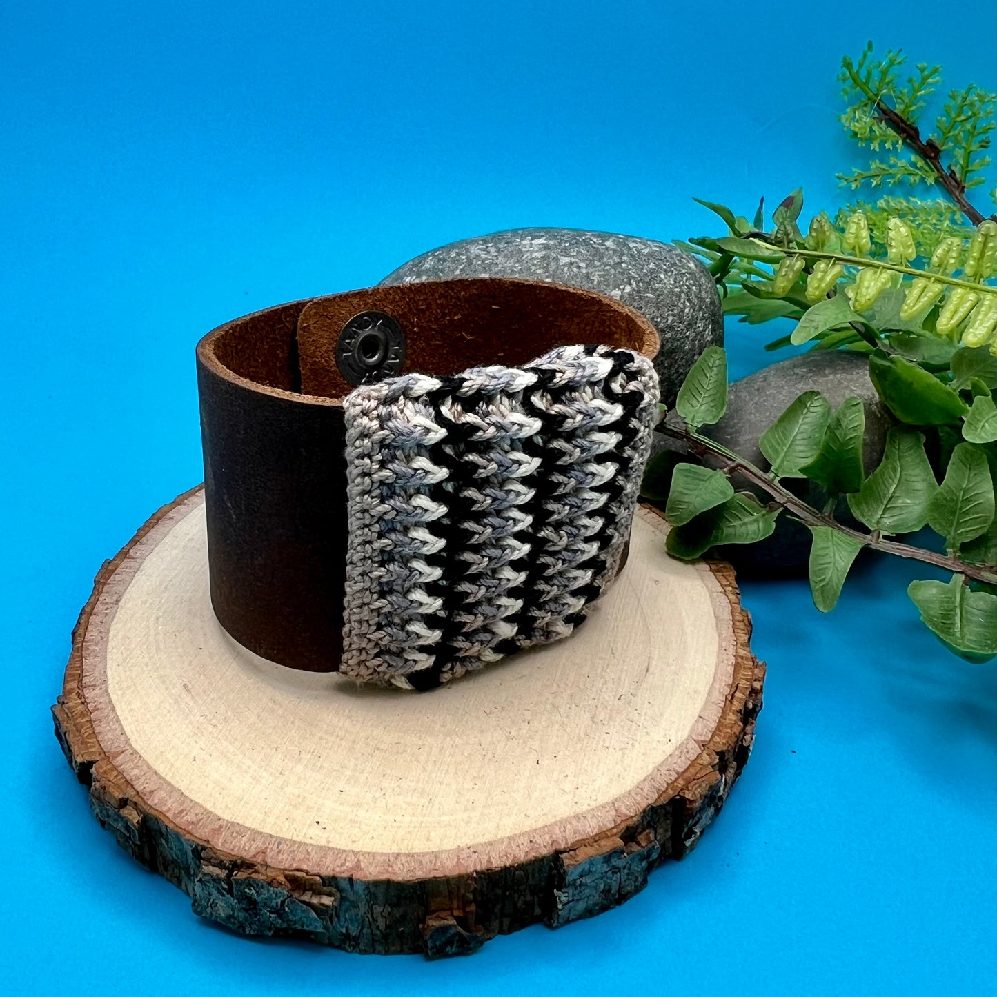 Leather Cuff Bracelet with Crochet