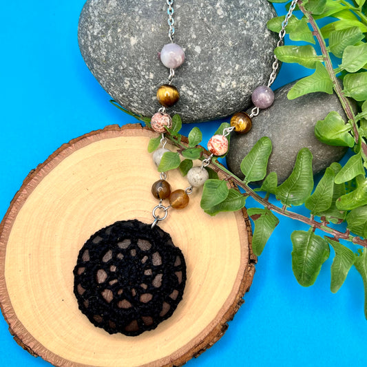 Boho Crochet Pendant Statement Necklace -  Small Mandala Pendant - Black