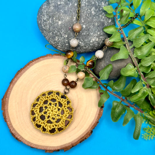 Boho Crochet Pendant Statement Necklace -  Small Mandala Pendant - Gold