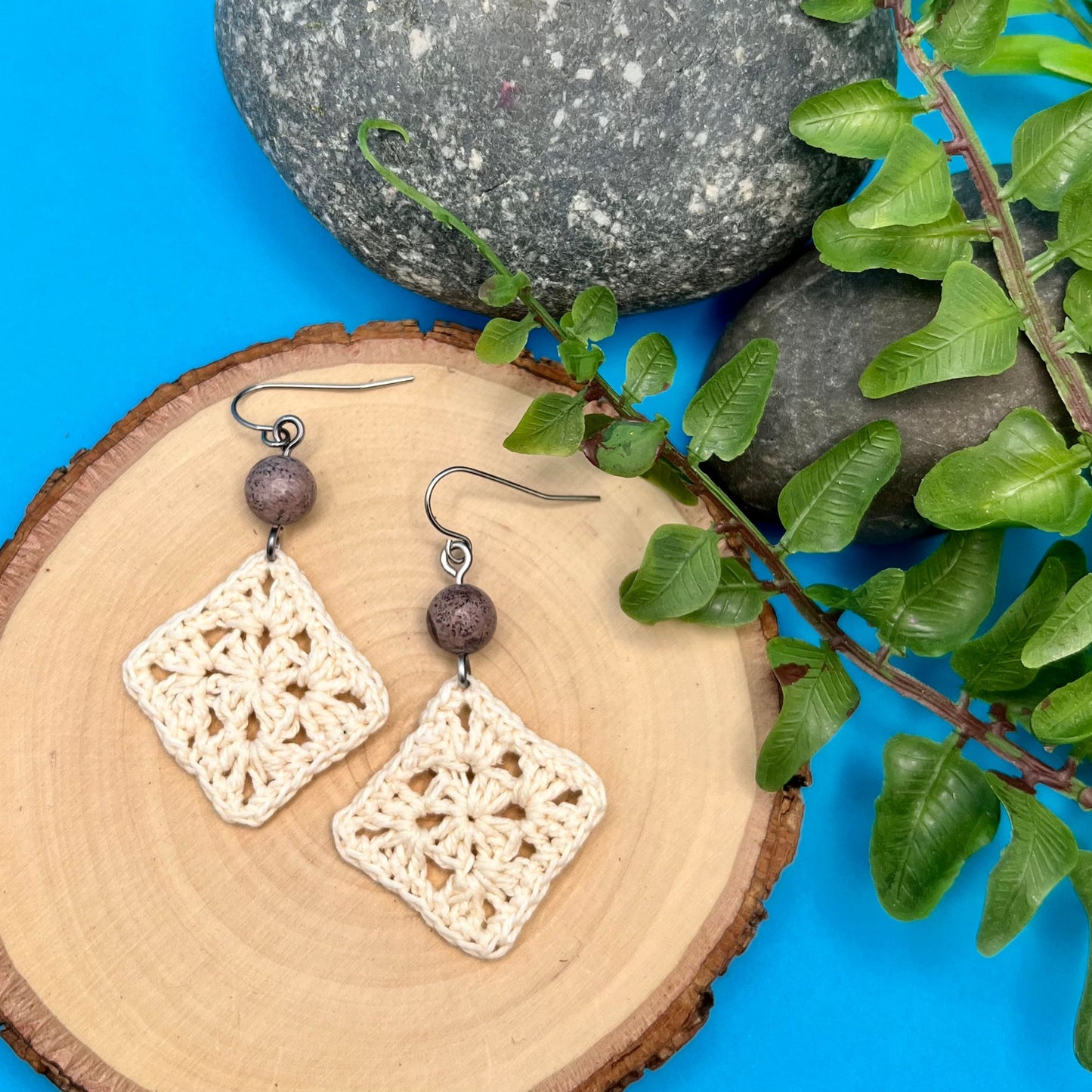 cream crocheted squares with natural stone dangle earrings