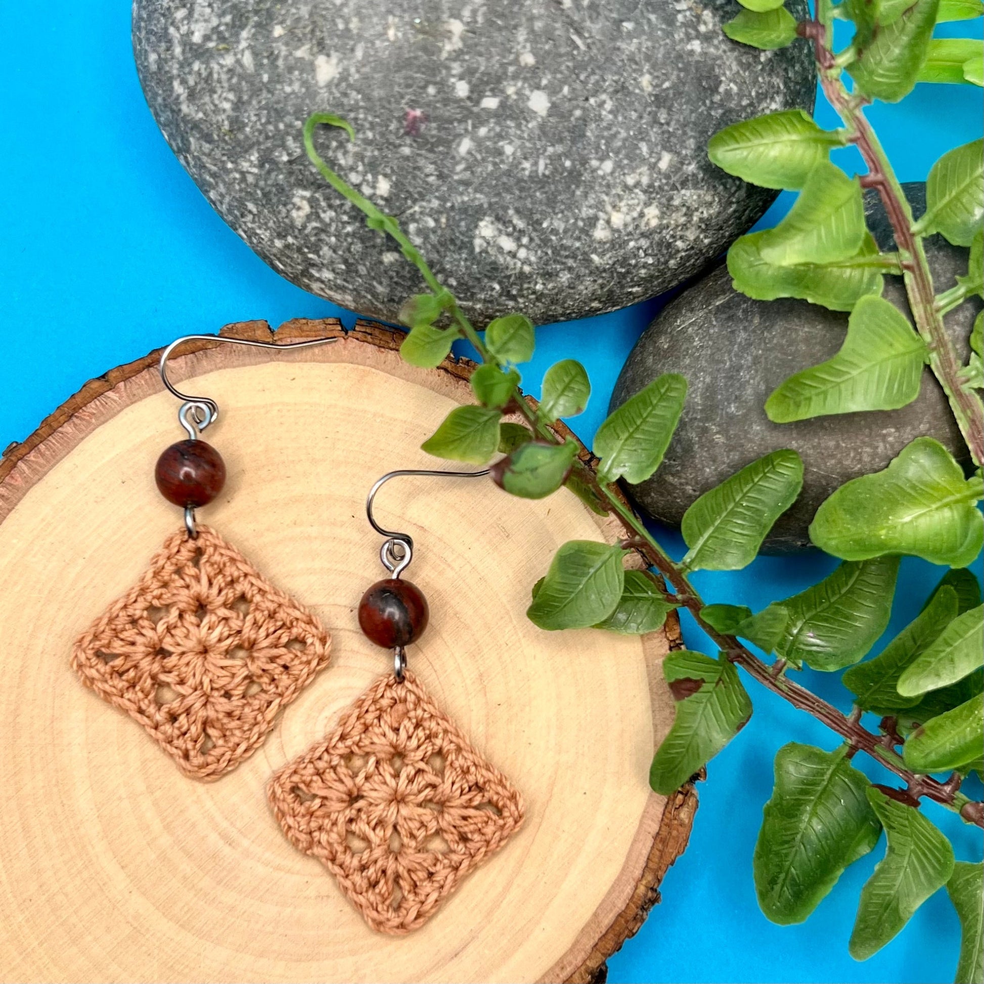copper crocheted square earrings with red jasper
