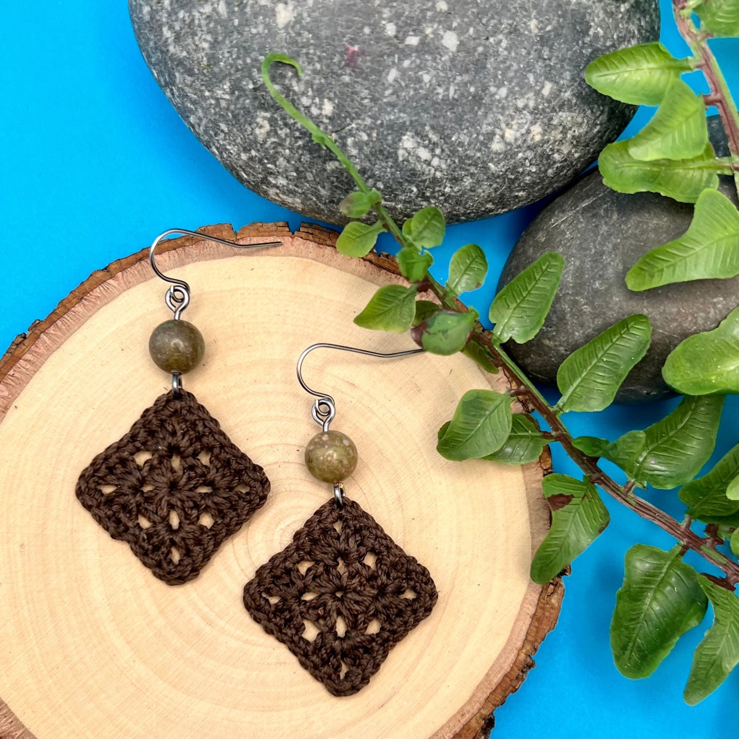 brown crocheted squares with autumn jasper earrings