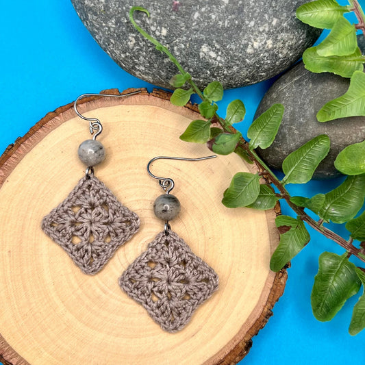 taupe crocheted square earrings with feldspar