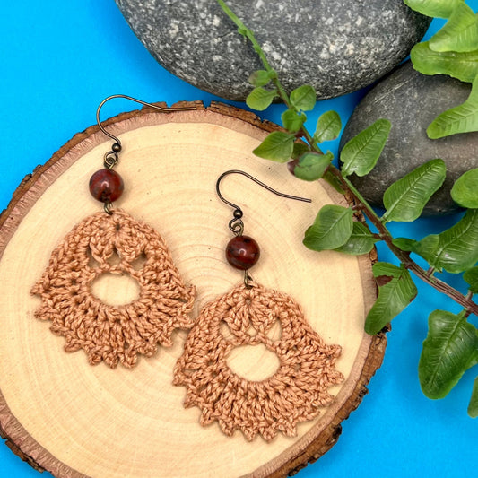 copper crocheted earrings with red jasper
