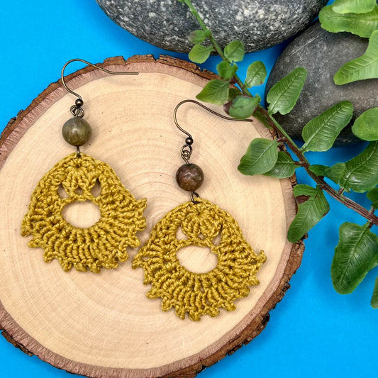 gold crocheted earrings with autumn jasper
