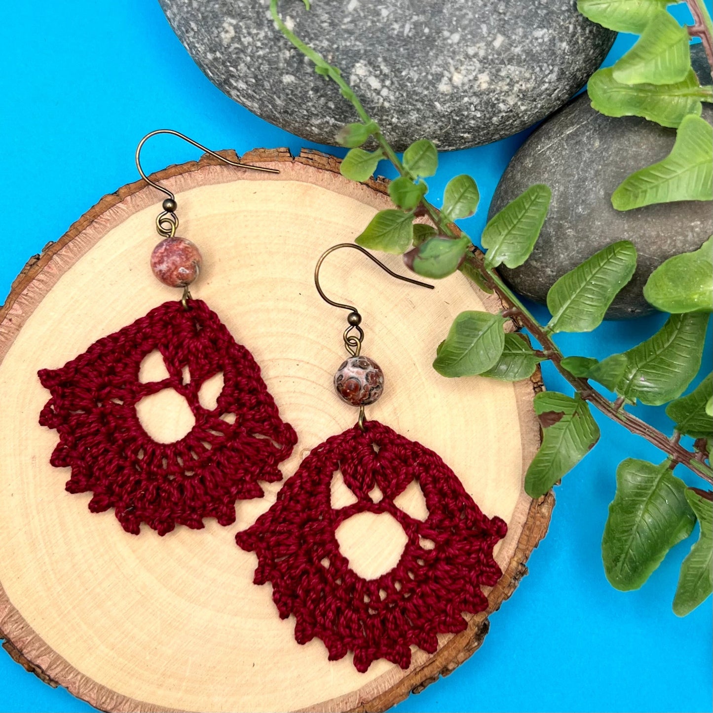 burgundy crocheted earrings with leopard jasper