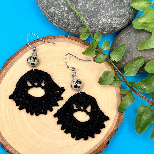 black crocheted earrings with dalmatian jasper