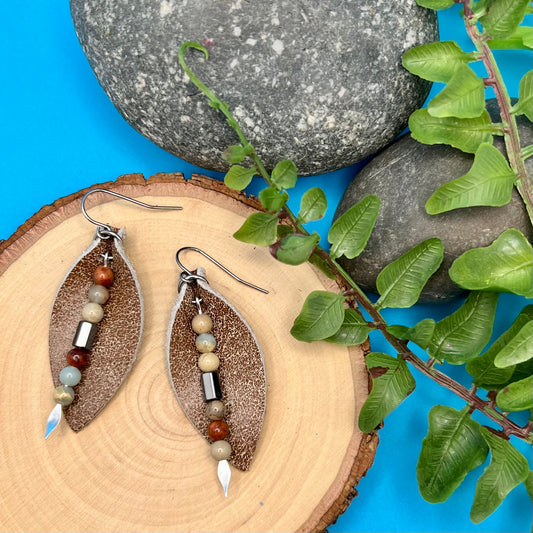brown leather petal earrings with jasper dangles on stainless steel