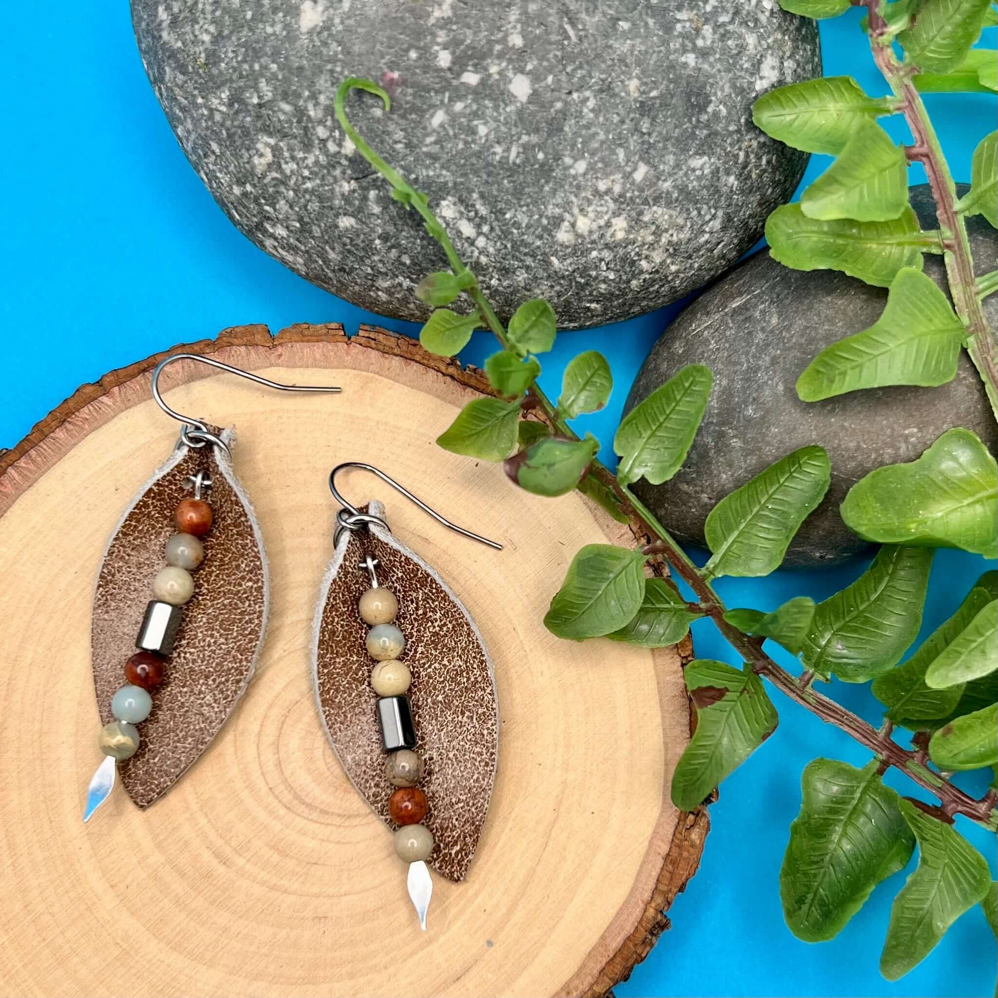 Leather Petal Earrings - Brown with Aqua Terra Jasper
