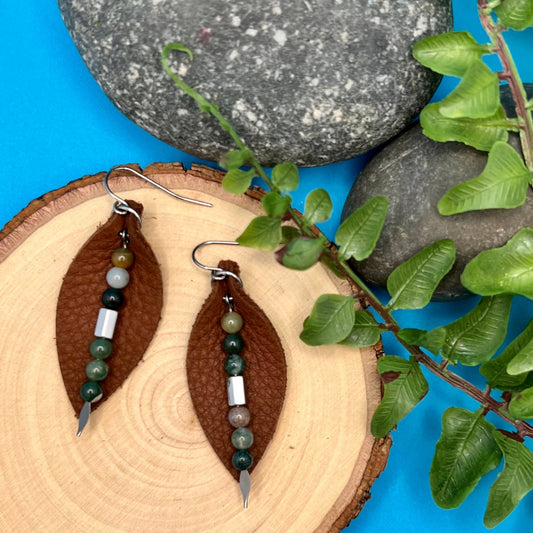 warm brown leather petal earrings with fancy jasper dangle