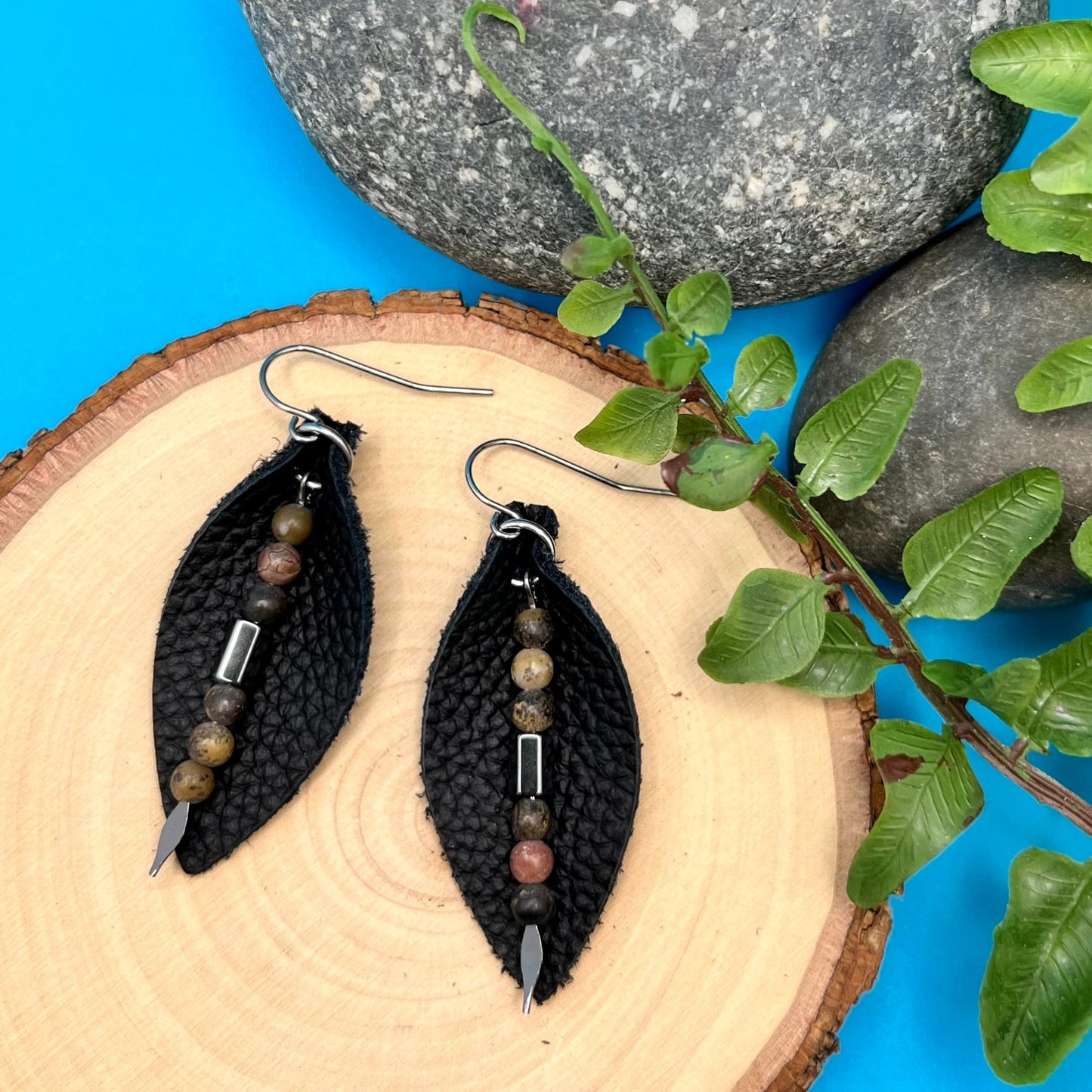 black leather petal earrings with jasper dangle on stainless steel