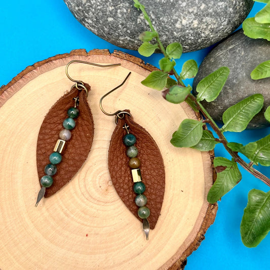 brown leather petal earrings with fancy jasper dangle