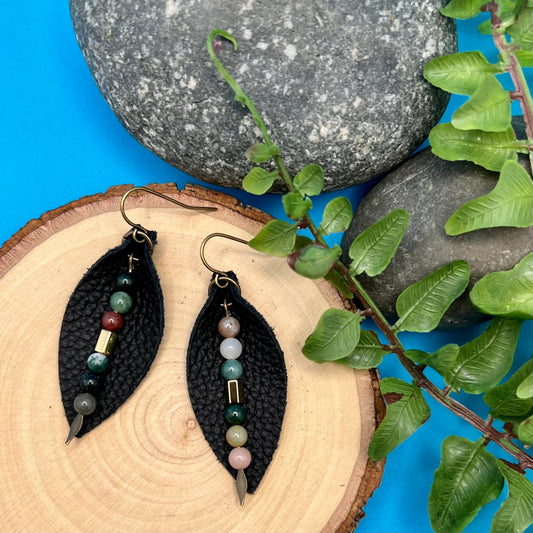 black leather petal earrings with fancy jasper dangle