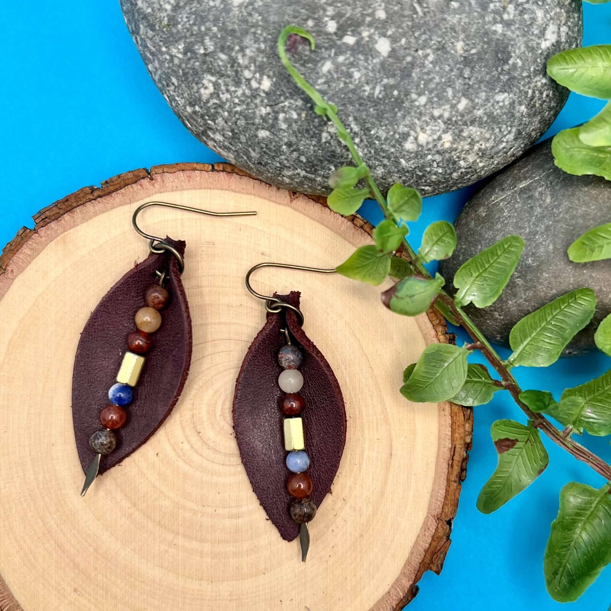 Leather Petal Earrings - Deep Purple with Jasper Dangles