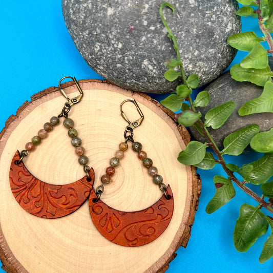 embossed leather crescent earrings with autumn jasper