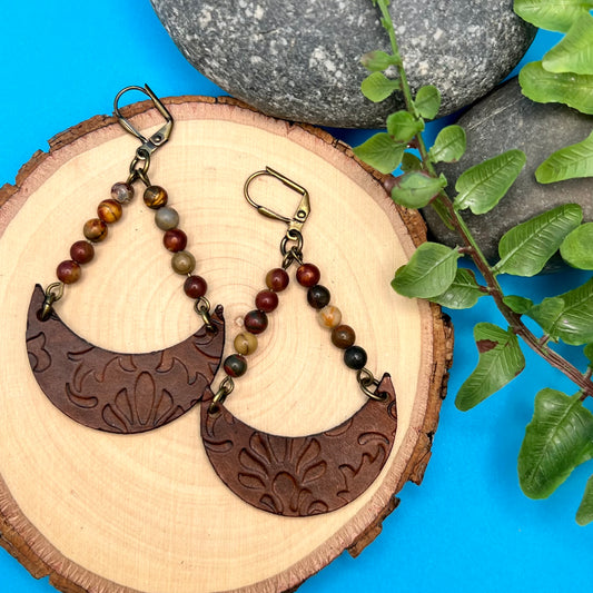 Leather Crescent Earrings with Picasso Jasper