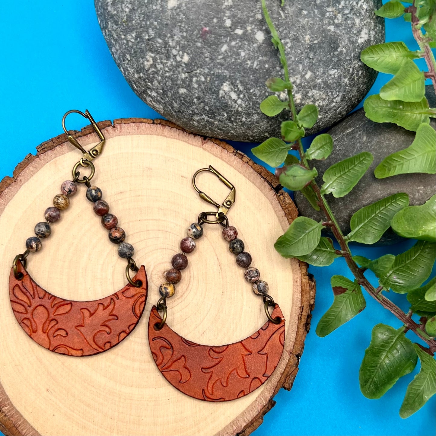 Leather Crescent Earrings with Leopard Jasper